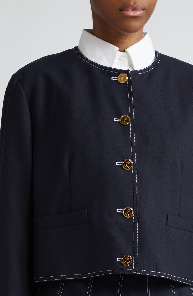 Thom Browne Boxy Crop Wool Jacket, Alternate, color, Navy