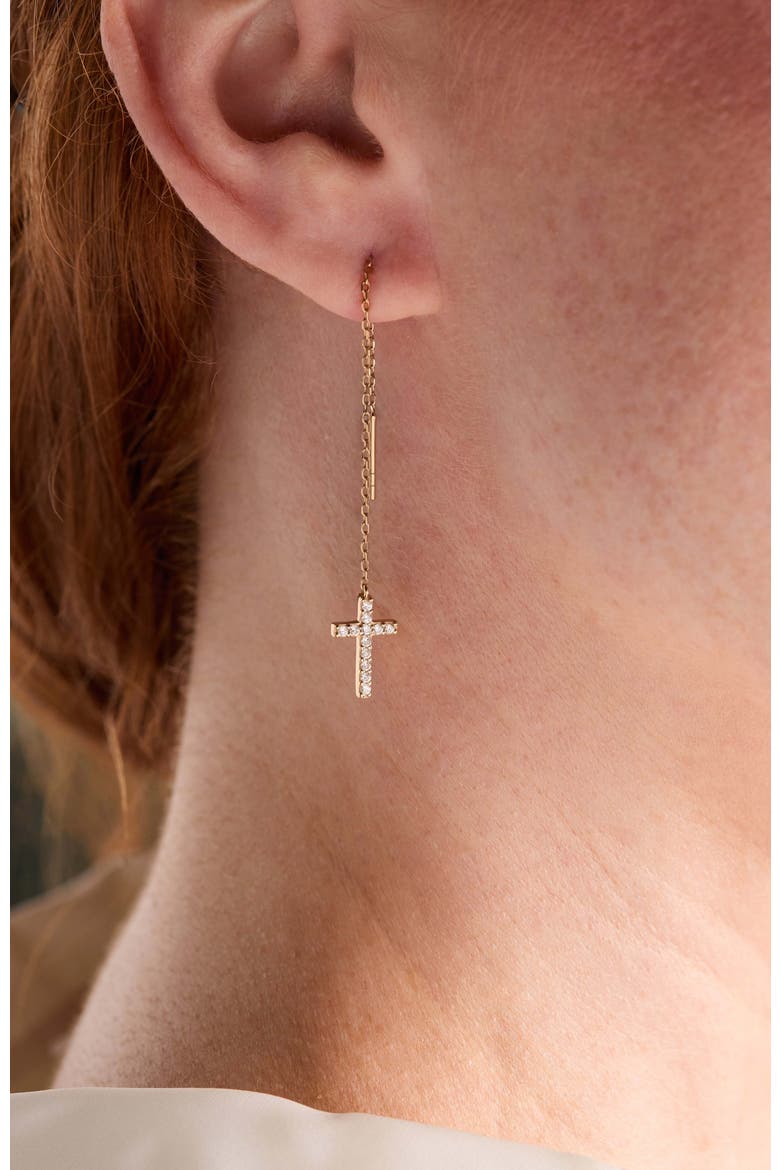 Delicate Pave Cross Threader Earrings, Alternate, color, Gold