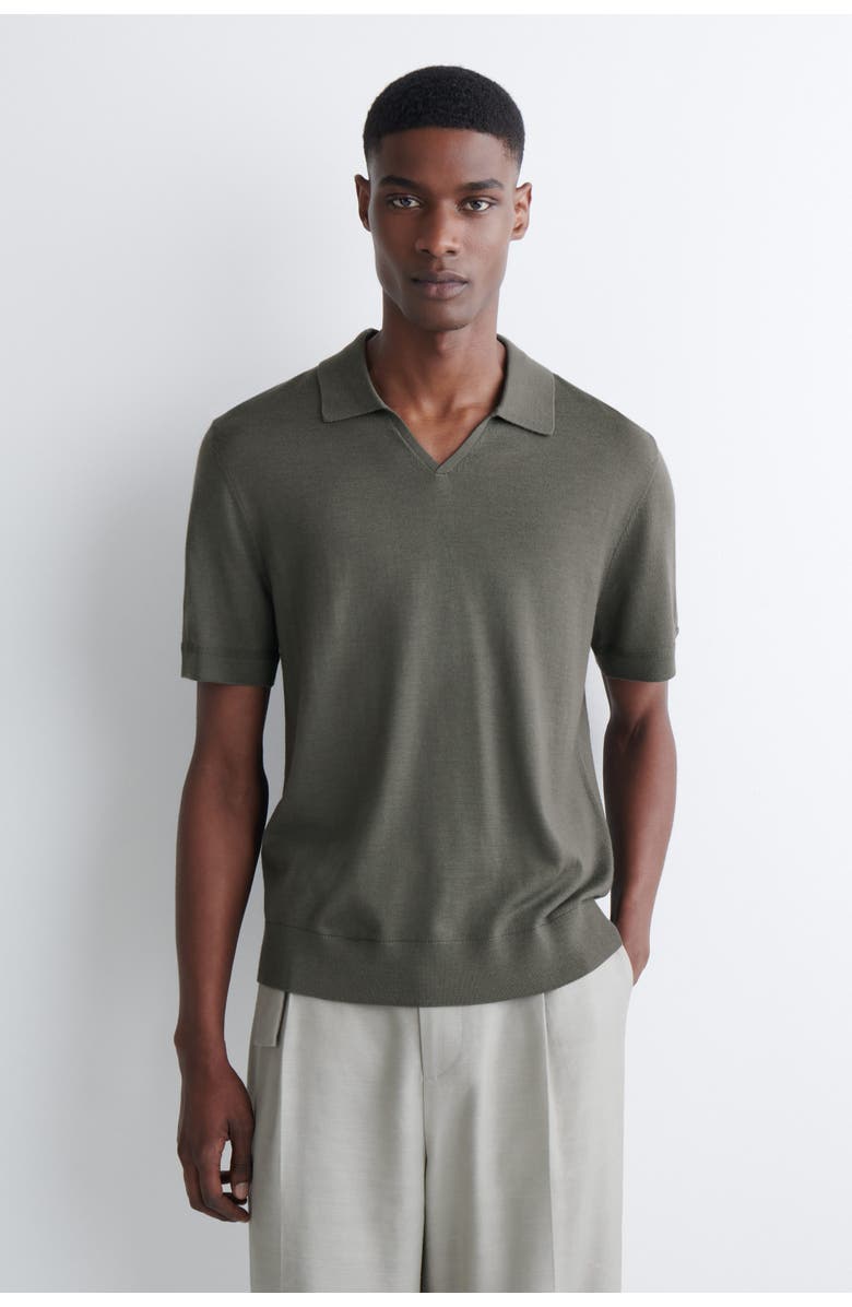 COS Open-Collar Merino Wool Polo Shirt, Main, color, Khaki