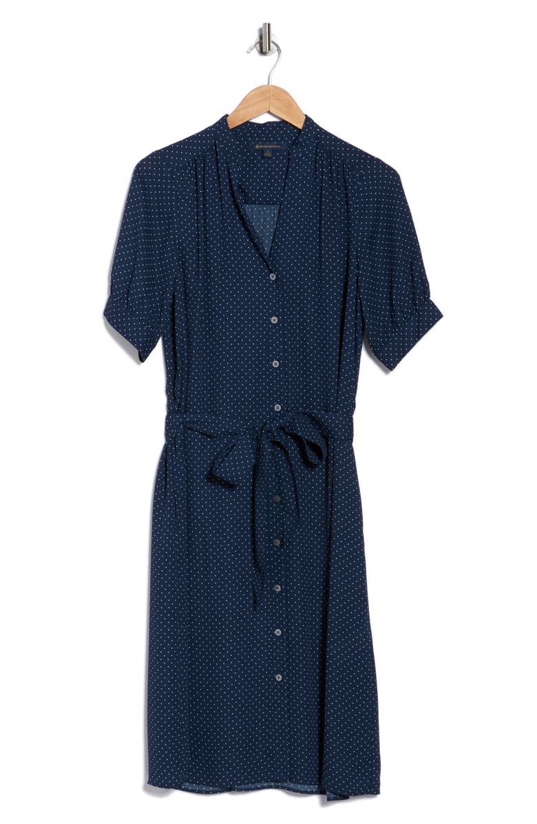 Brooks Brothers Polka Dot Belted Crepe Button-Up Dress, Alternate, color, Navy
