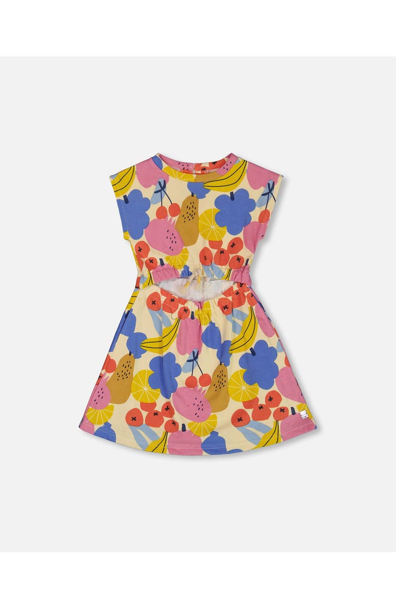 Deux par Deux Little Girl's Printed French Terry Dress Fruits On Yellow Background, Main, color,