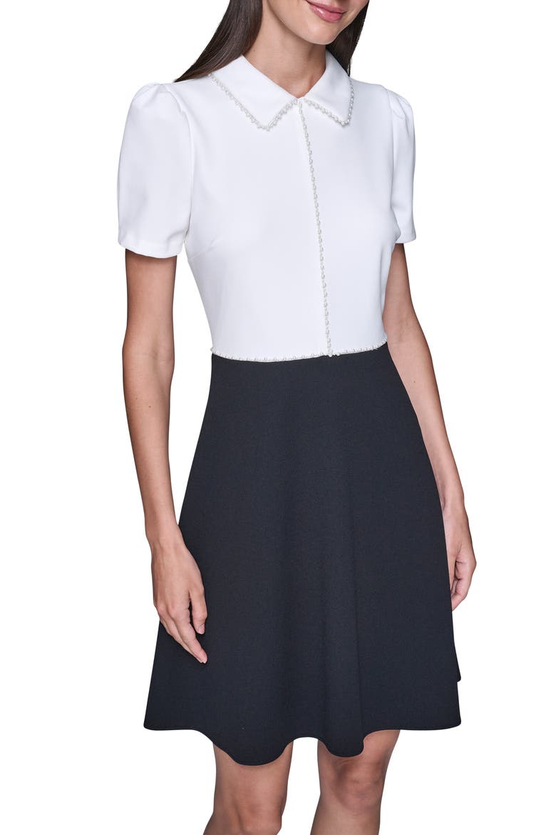 Faux Pearl Detail A-Line Dress, Alternate, color, SOFT WHITE/ BLACK