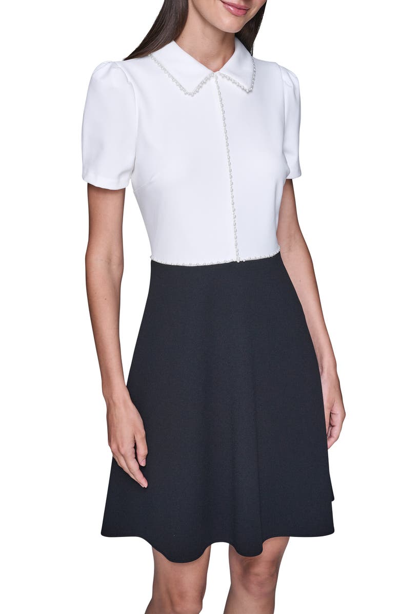 KARL LAGERFELD PARIS Faux Pearl Detail A-Line Dress, Alternate, color, Soft White/ Black