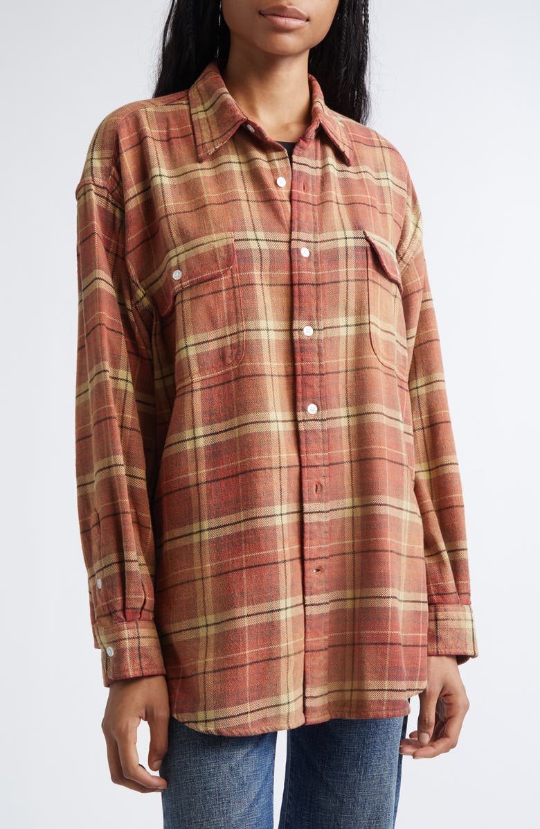 R13 Boyfriend Plaid Cotton Button-Up Shirt, Alternate, color, Bleached Red / Ecru Plaid