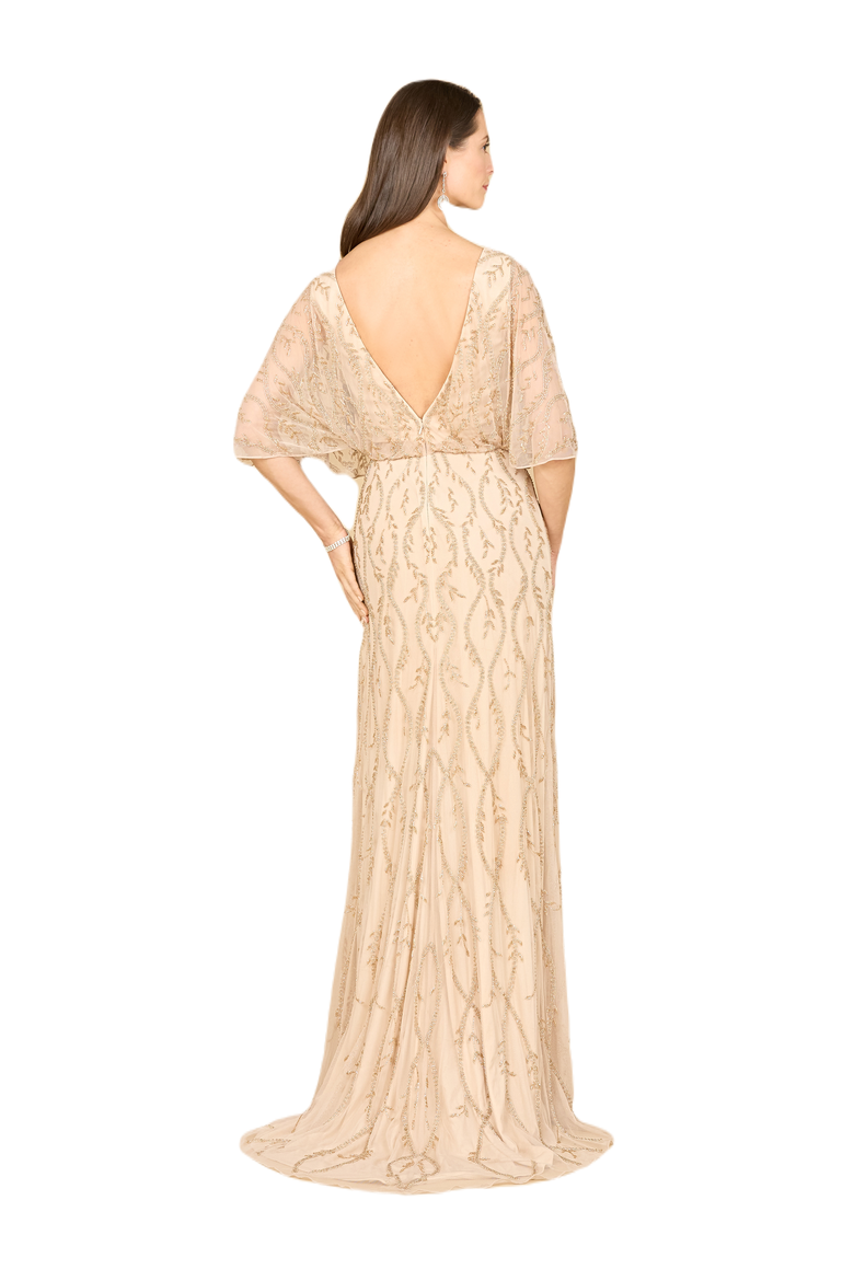 Illusion Cape Sleeve Beaded Gown, Alternate, color, Champagne