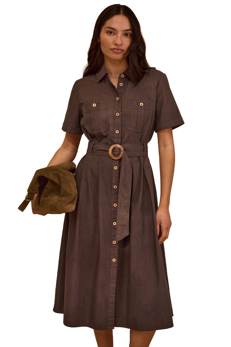 Belted Safari Midi Shirt Dress, Alternate, color, Chocolate Brown