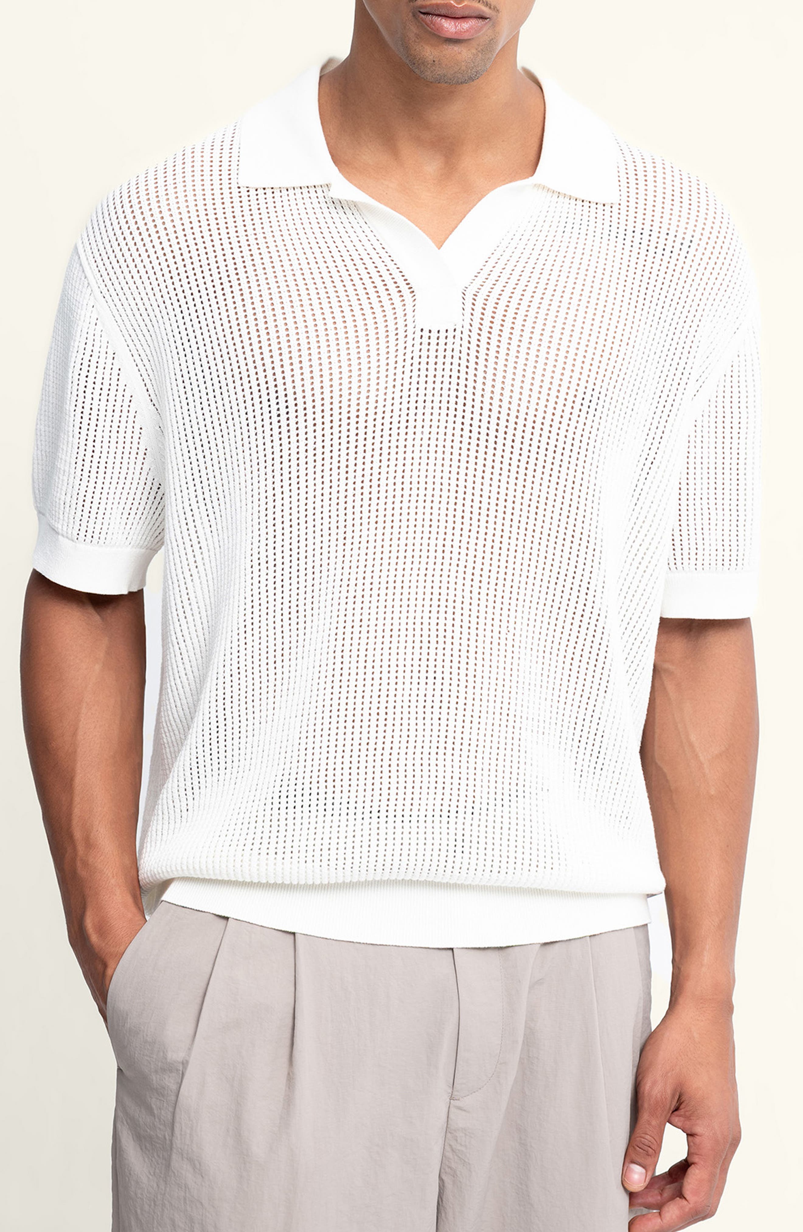 Johnny Collar Openwork Cotton Blend Polo Sweater - image 3