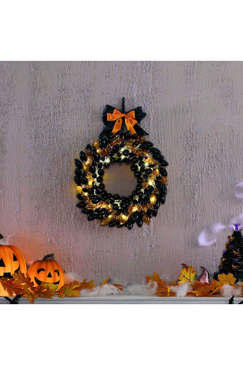17 in. Retro C9 Bulb Wreath - Black and Orange, Alternate, color, Multicolor