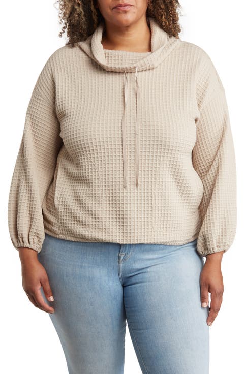 Waffle Knit Long Sleeve Pullover (Plus)