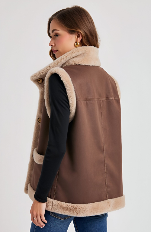 Modenaire Faux Shearling Trim Vest In Brown