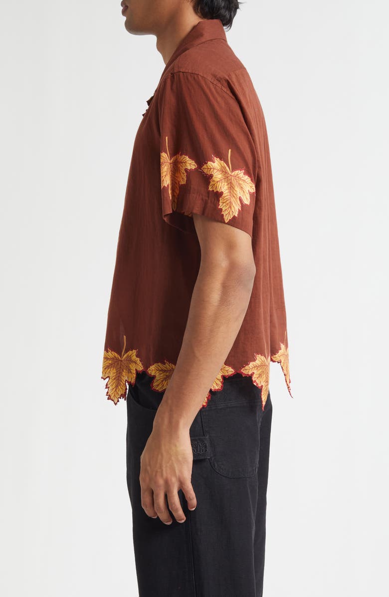 Bode Harvest Floor Leaf Appliqué Camp Shirt, Alternate, color, Auburn