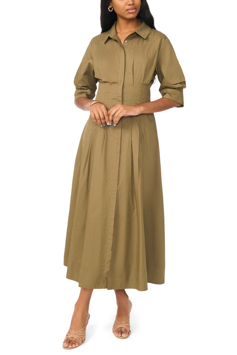 Pleated Button Up Shirtdress, Main, color, OLIVE SHADE