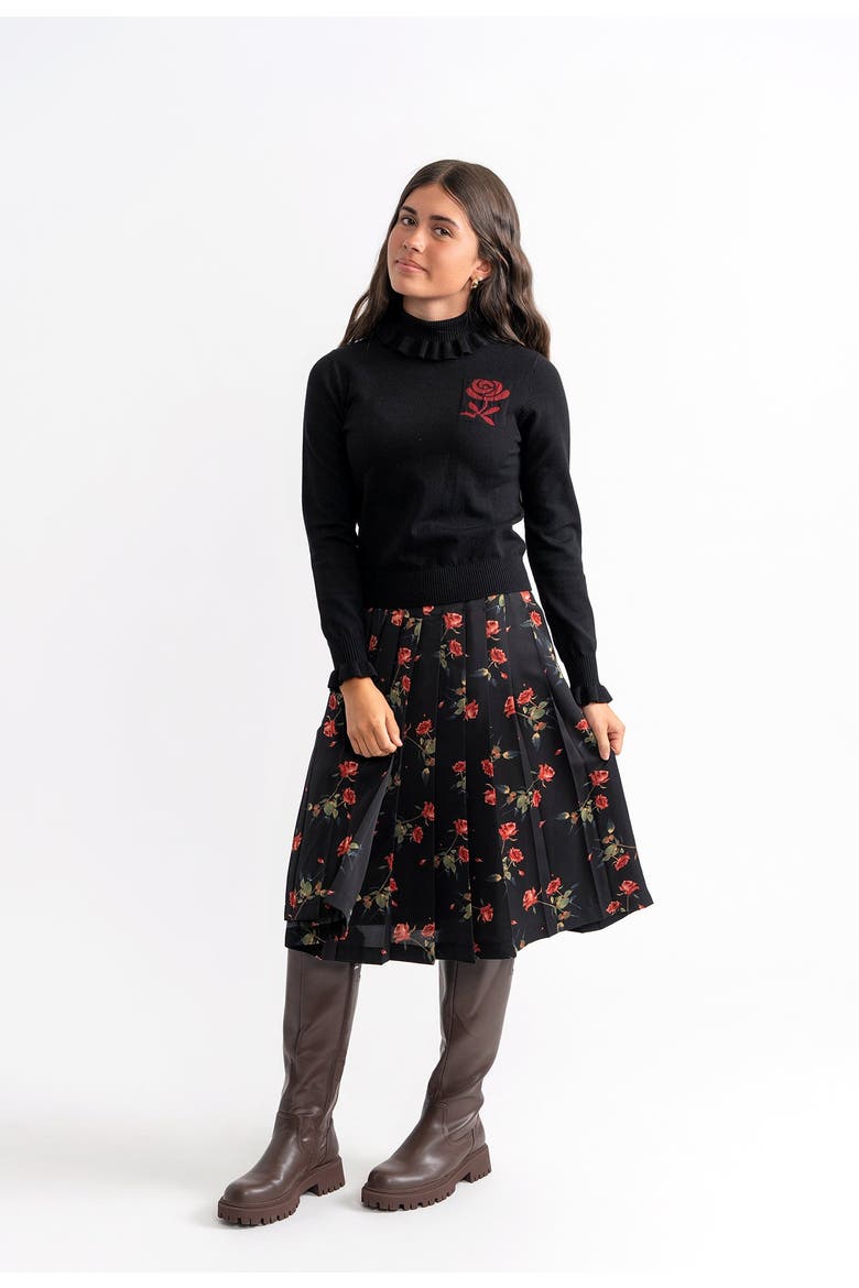 Woven Print Knit Set with Turtleneck and A-Line Skirt, Alternate, color, Black