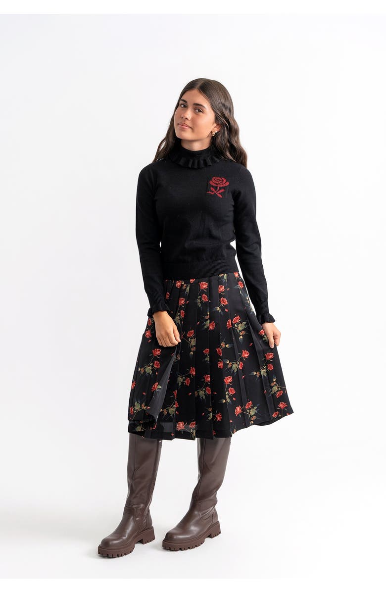 Clô Woven Print Knit Set with Turtleneck and A-Line Skirt, Alternate, color, Black