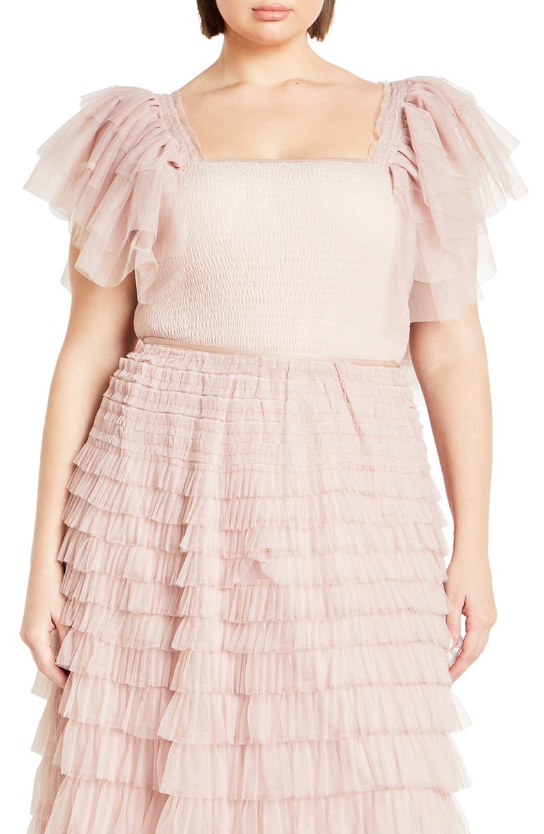 City Chic Azariah Shirred Tulle Sleeve Bodysuit, Main, color, Dusty Pink