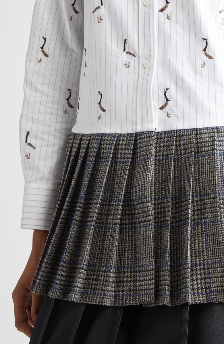 Thom Browne Geese Embroidered Stripe Button-Down Shirt, Alternate, color, Medium Grey