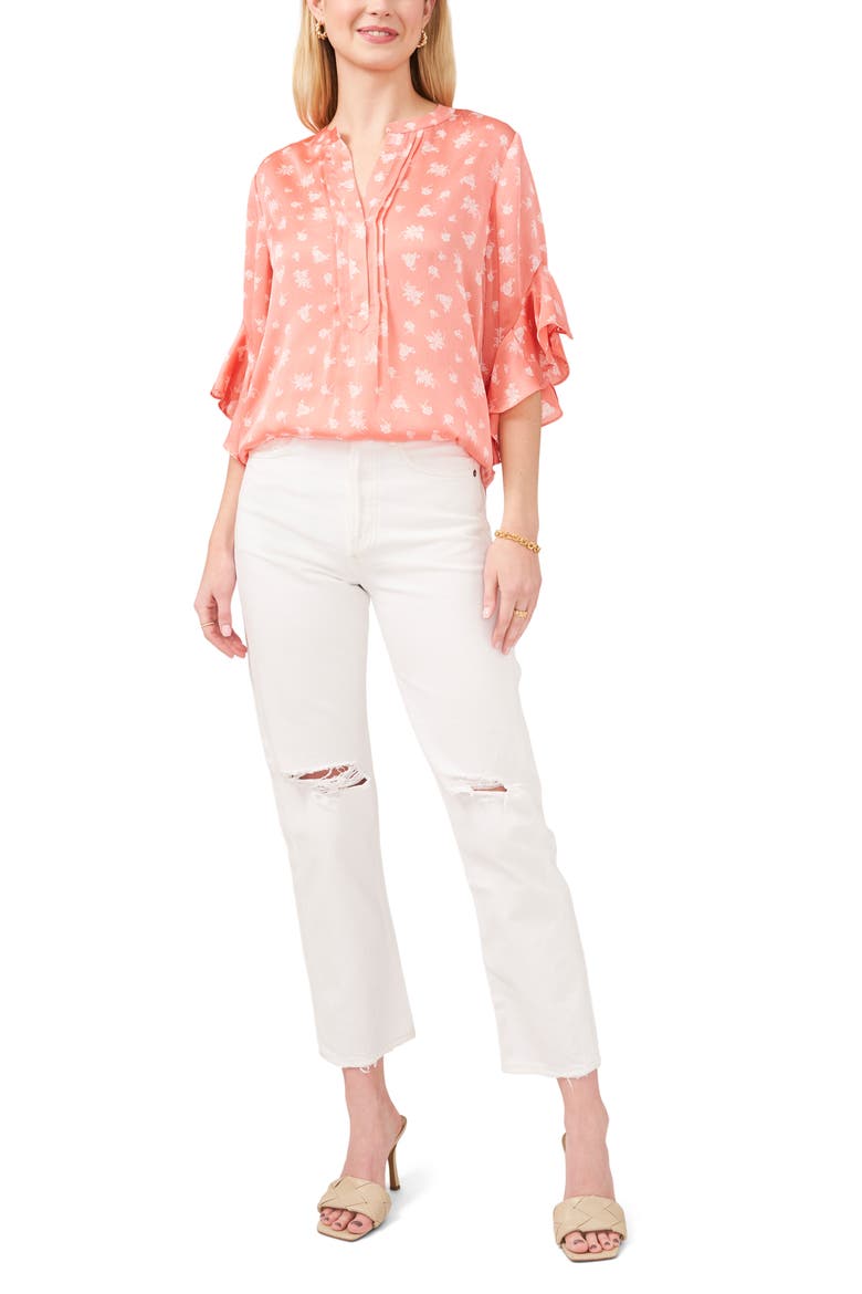 Floral Flutter Sleeve Blouse, Alternate, color, ORANGE CORAL