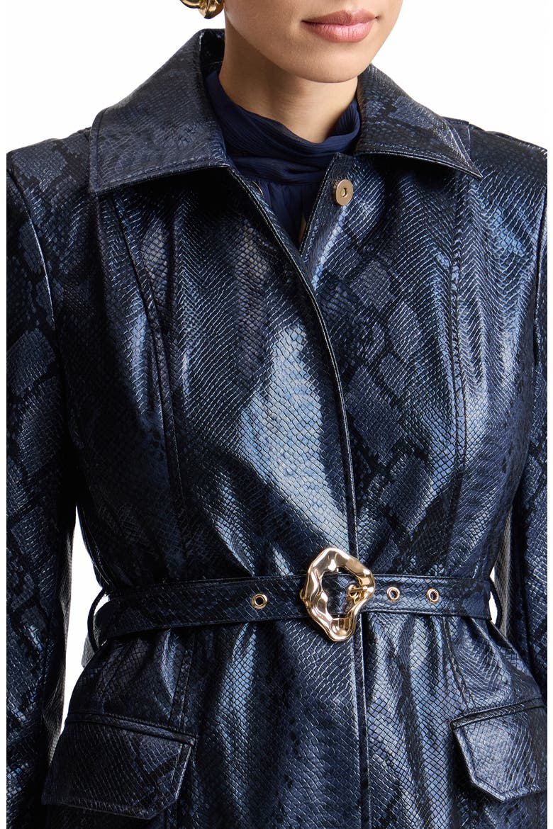 Snakeskin Embossed Faux Leather Belted Trench Coat, Alternate, color, NAVY PYTHON