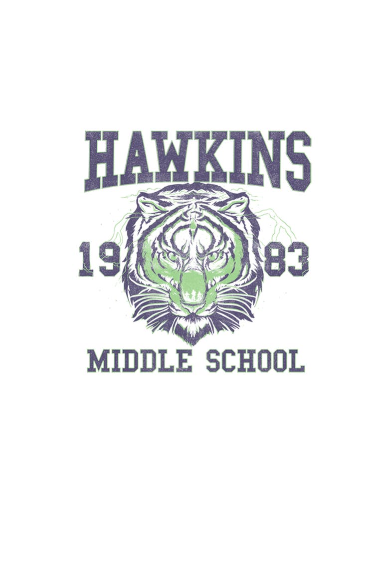 Girl's Stranger Things Hawkins Middle School Tiger  Graphic T-Shirt, Alternate, color, White