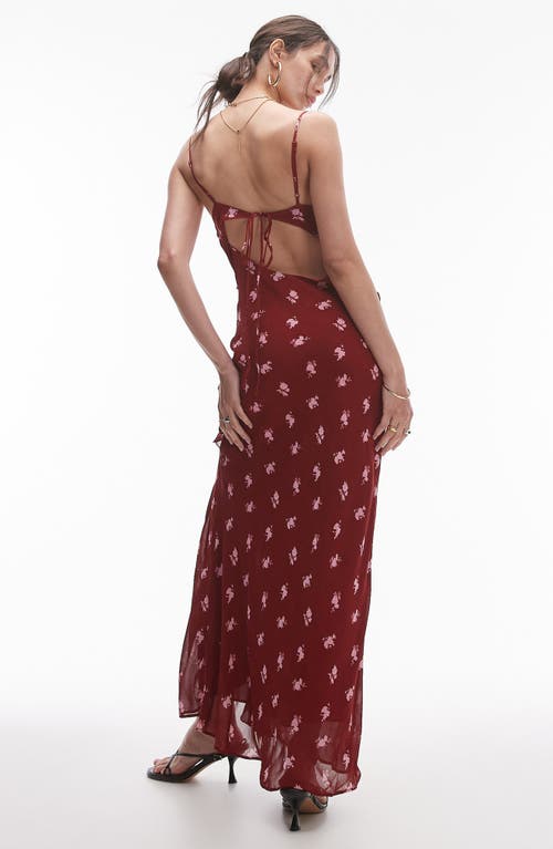 Topshop Floral Ruffle Draped Maxi Dress In Burgundy