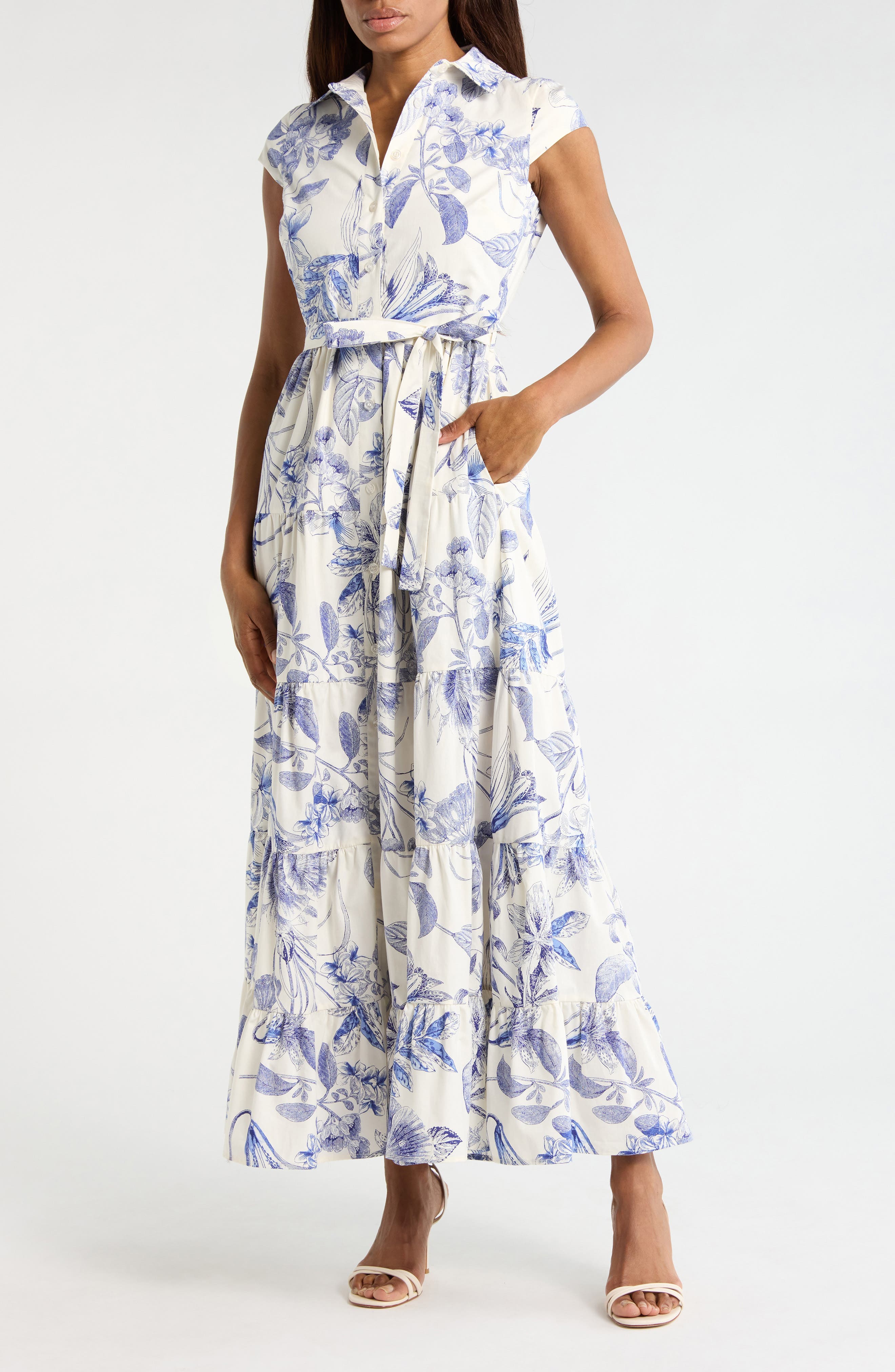 Avec Les Filles Floral Cap Sleeve Cotton Shirtdress