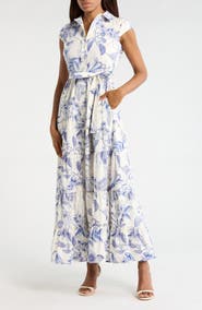 Avec Les Filles Floral Cap Sleeve Cotton Shirtdress