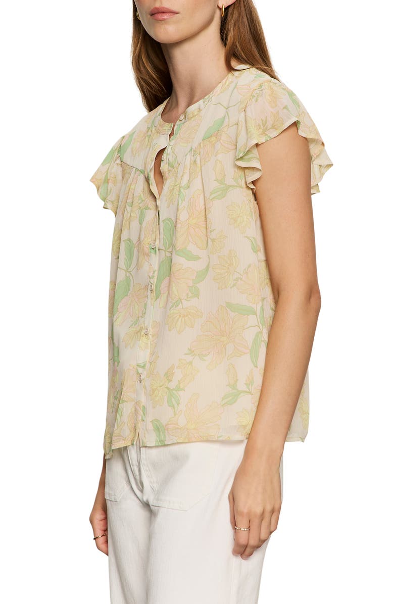 Sanctuary Free Spirited Floral Flutter Sleeve Button-Up Shirt, Alternate, color, Gentle Lily Yellow