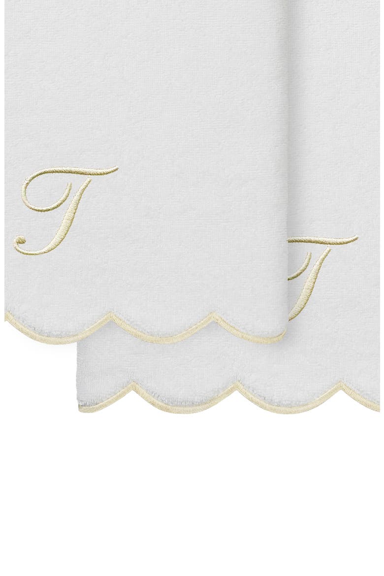 Adornia Scallop Set of 2 Monogram Bath Towels, Alternate, color, WHITE/ BEIGE T