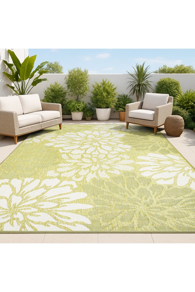 Zinnia Modern Floral Textured Weave Indoor/Outdoor Area Rug, Alternate, color, Green/Cream
