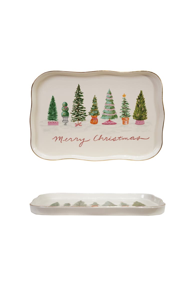 Stoneware Scalloped Platter with Trees and Electroplating "Merry Christmas", Main, color, Multicolor
