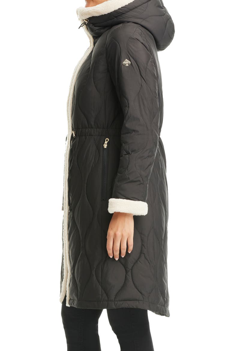 Faux Shearling Trim Down & Feather Fill Coat, Alternate, color, BLACK