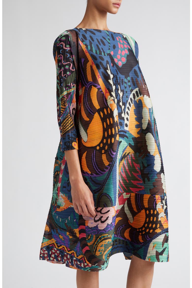 Snowrunner Print Pleated Long Sleeve Shift Dress, Alternate, color, DARK BLUE