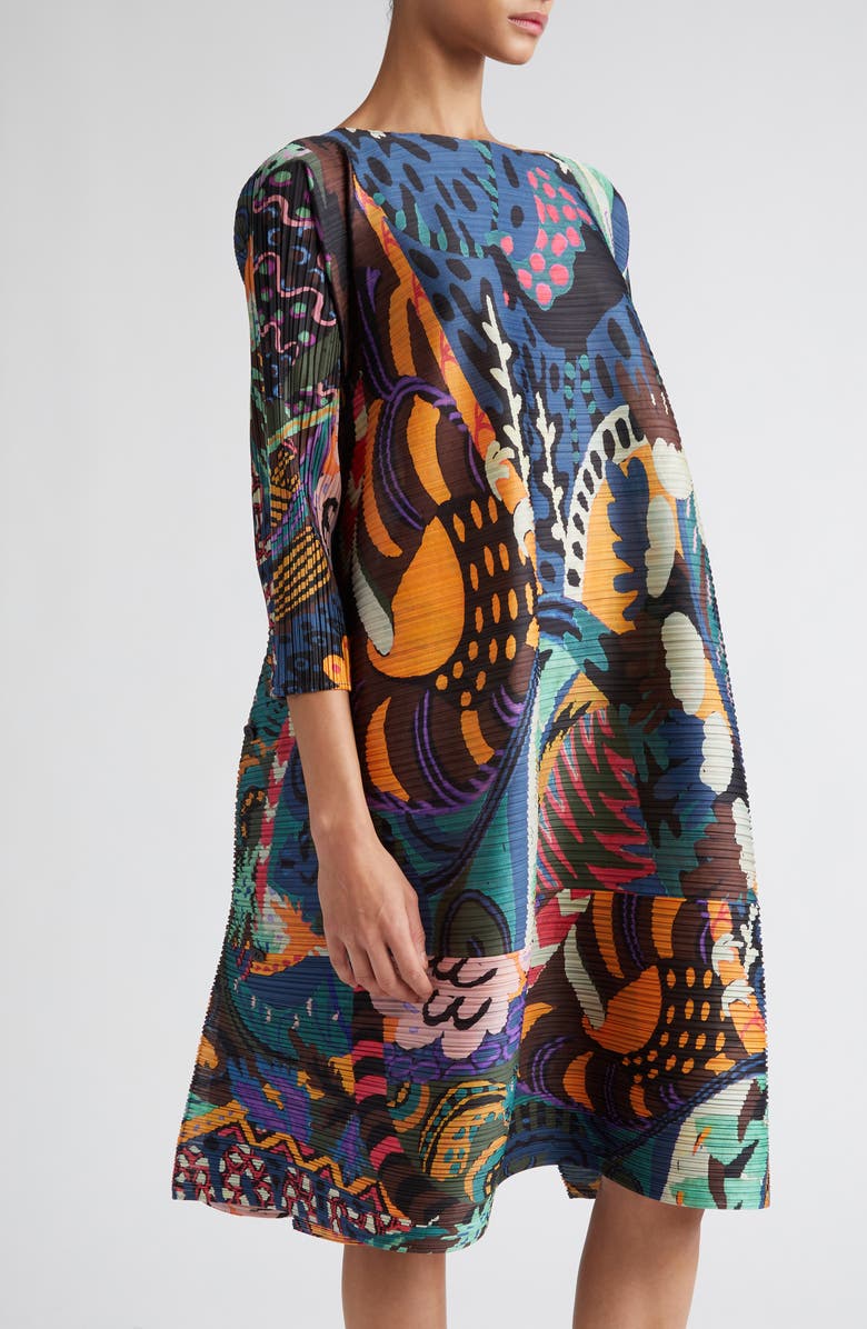 Pleats Please Issey Miyake Snowrunner Print Pleated Long Sleeve Shift Dress, Alternate, color, 