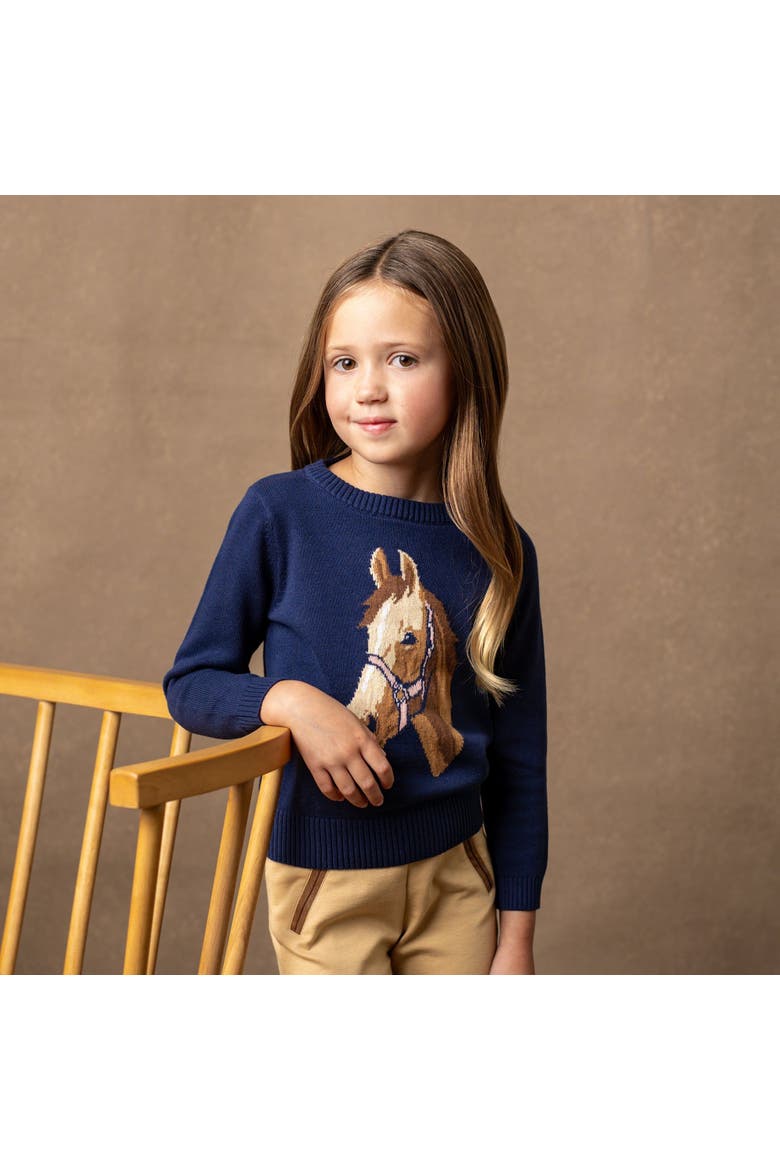 Girls' Organic Horse Intarsia Sweater, Kids, Alternate, color, Navy