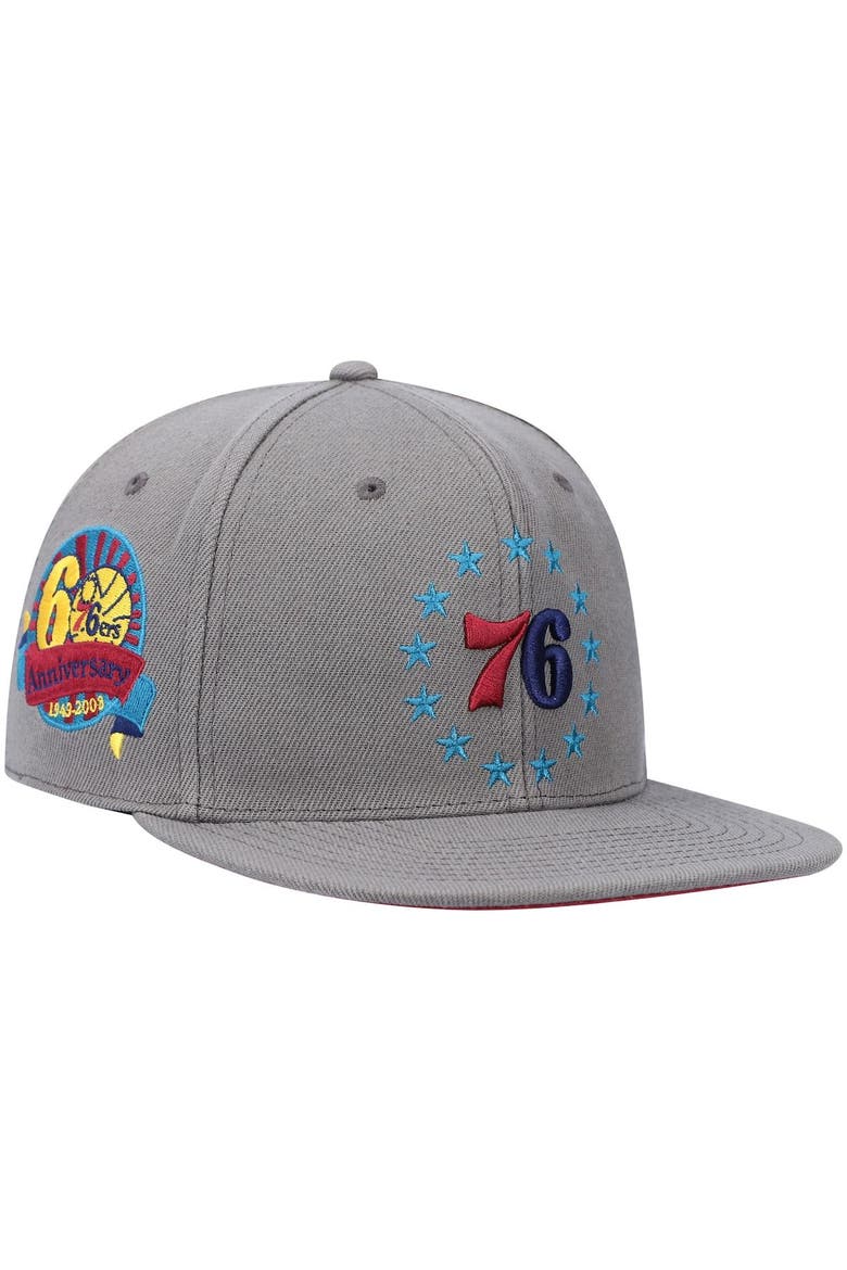 Men's Mitchell & Ness Charcoal Philadelphia 76ers Hardwood Classics 60th Anniversary Carbon Cabernet Fitted Hat, Main, color, Charcoal