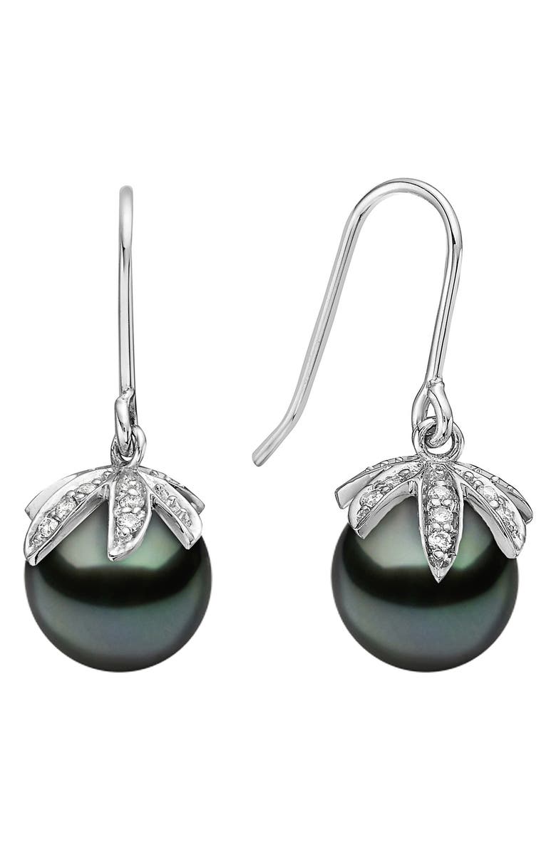 House of Frosted 14K Gold 8-9mm Cultured Pearl & Diamond Earrings - 0.07ct, Main, color, Silver/ Green