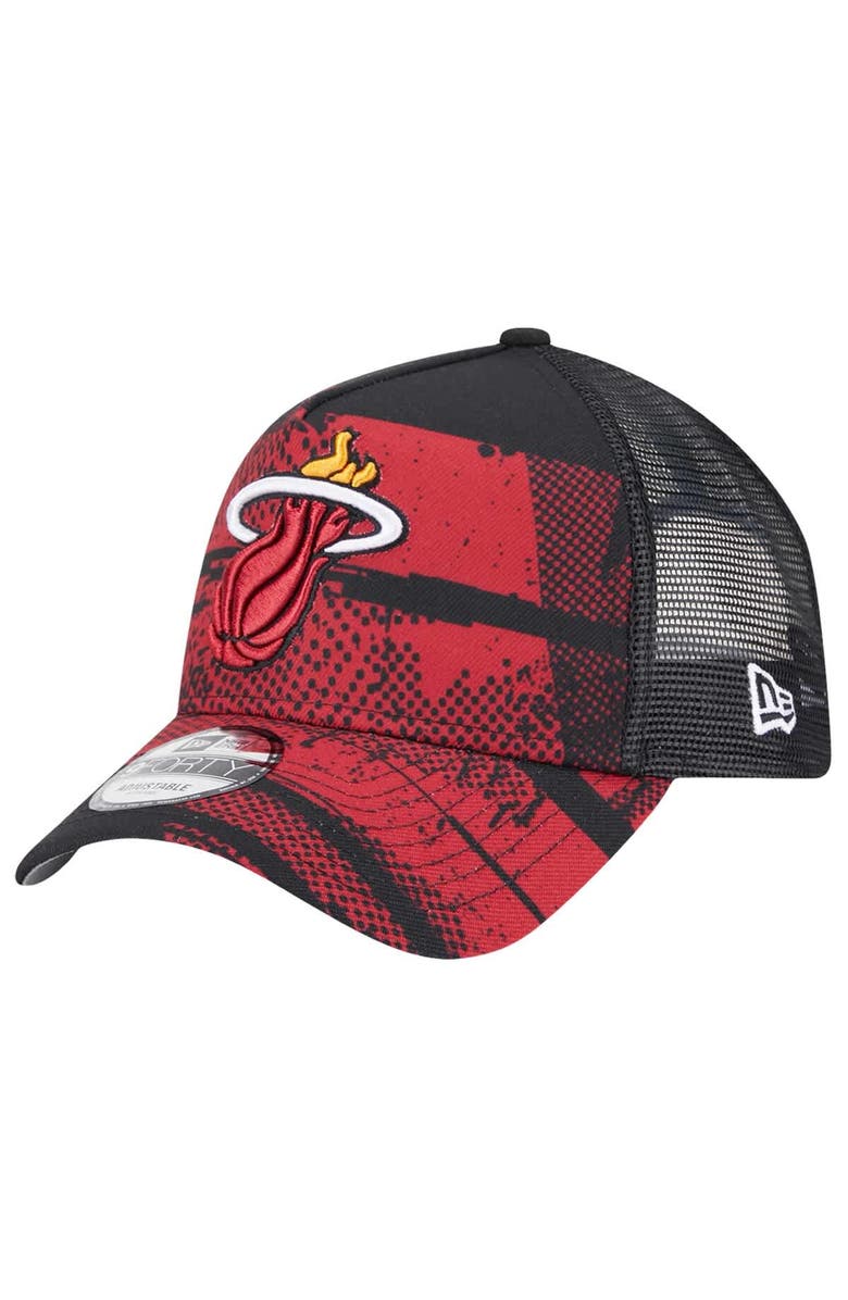 New Era Men's New Era Black/Red Miami Heat Tip Off A-Frame Trucker 9FORTY Adjustable Hat, Alternate, color, Black