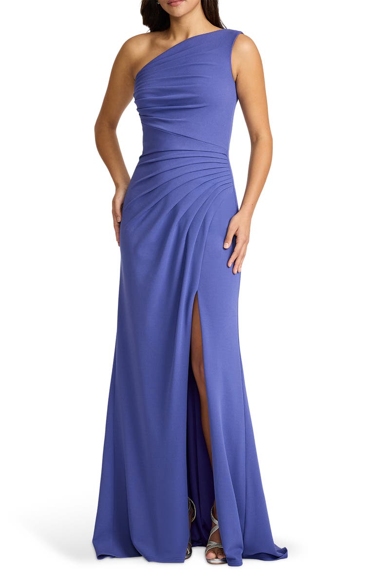 Tadashi Shoji Pleated One-Shoulder Crepe Gown, Main, color, Violet