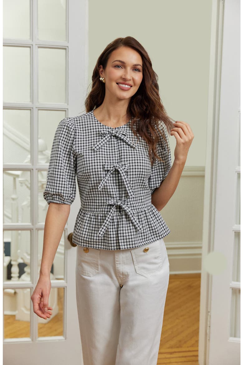 Gingham Bow Front Cotton Peplum Top, Alternate, color, RICH BLACK