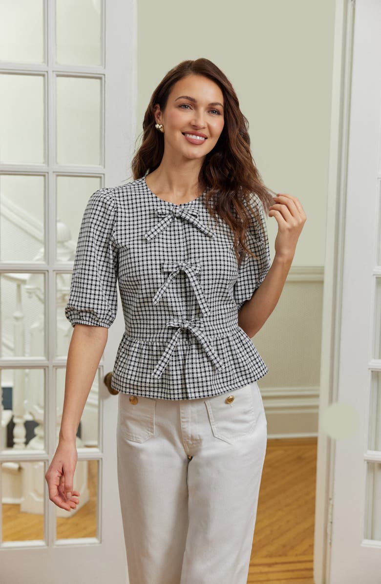 CeCe Gingham Bow Front Cotton Peplum Top, Alternate, color, Rich Black
