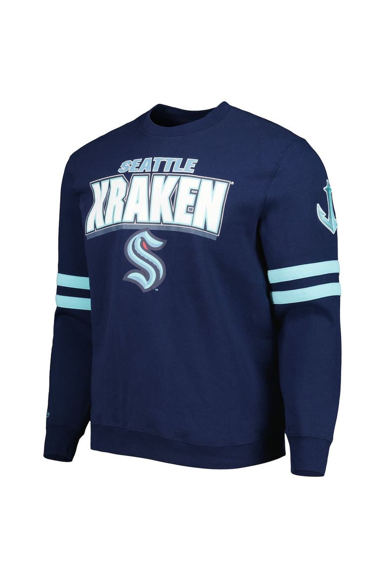 Men's Mitchell & Ness Deep Sea Blue Seattle Kraken Allover Logo Pullover Sweatshirt, Alternate, color, Navy