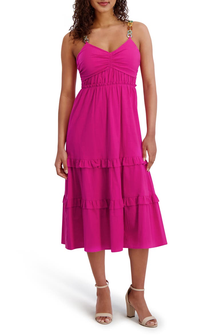 Embellished Tiered Midi Dress, Main, color, HOT PINK