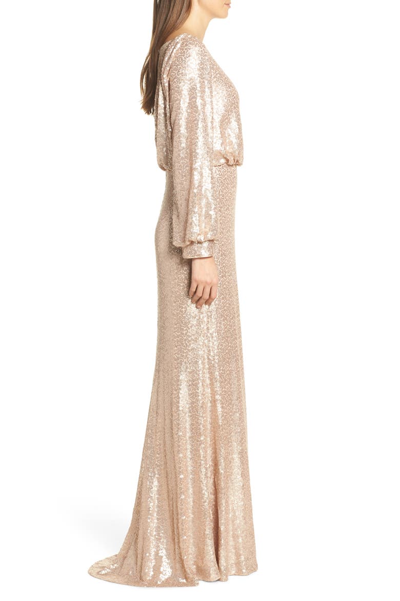 Blouson Long Sleeve Sequin Evening Dress, Alternate, color, CHAMPAGNE