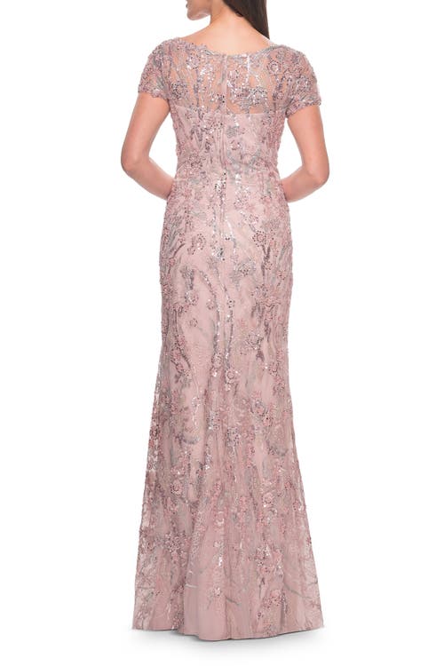 La Femme Stunning Beaded Lace Evening Gown With Short Sleeves