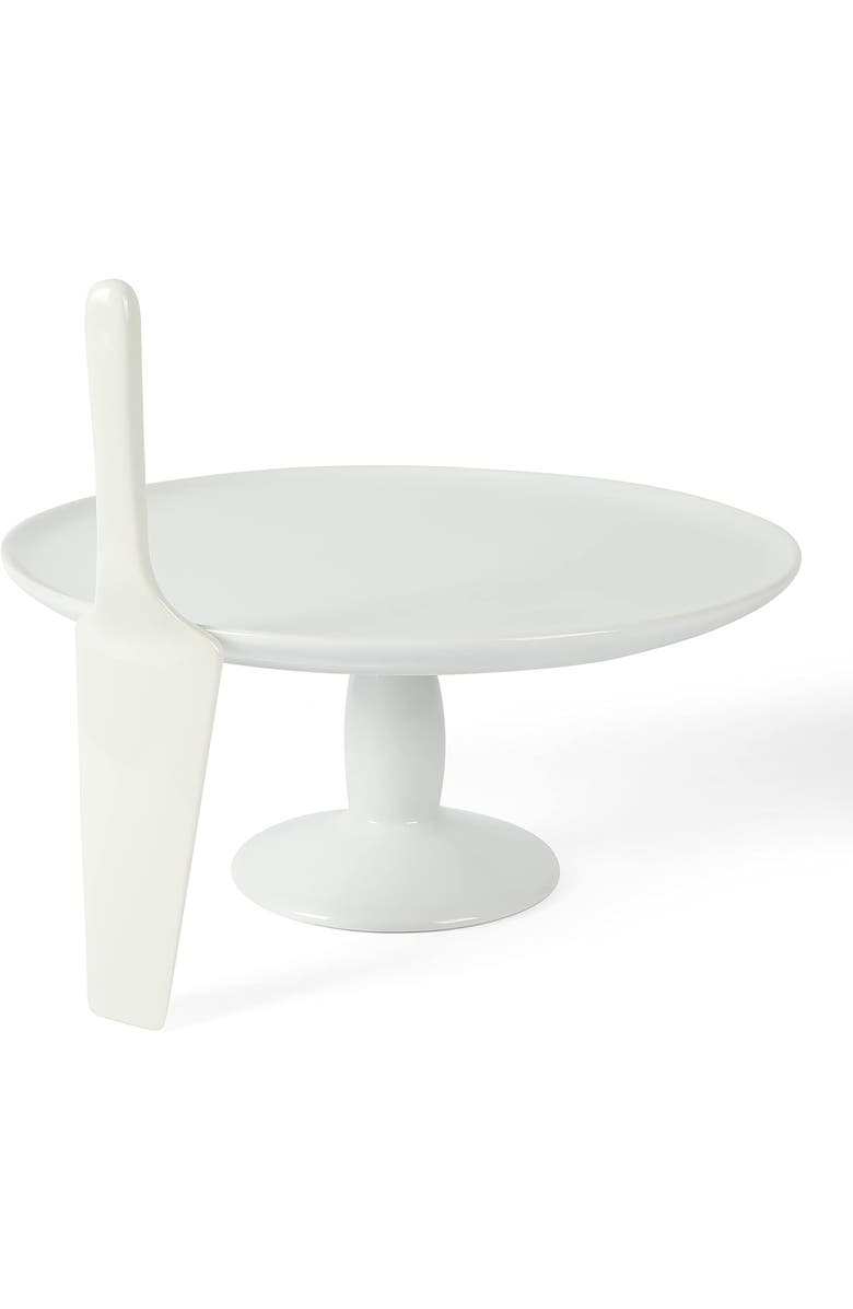 MARTHA STEWART 12in Fine Ceramic Round Cake Stand With Server, Main, color, White