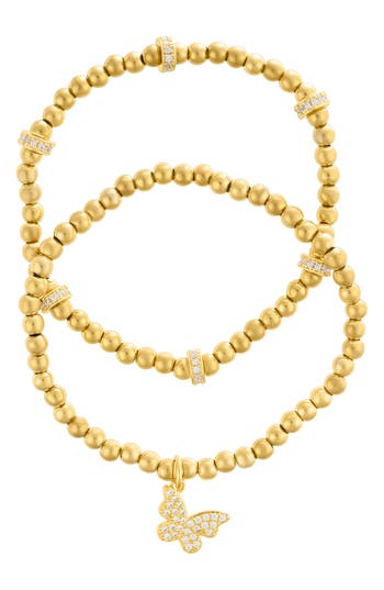 Adornia Gold Plated Pair Of Bead Bracelets With Crystal Butterfly In Gold/butterfly