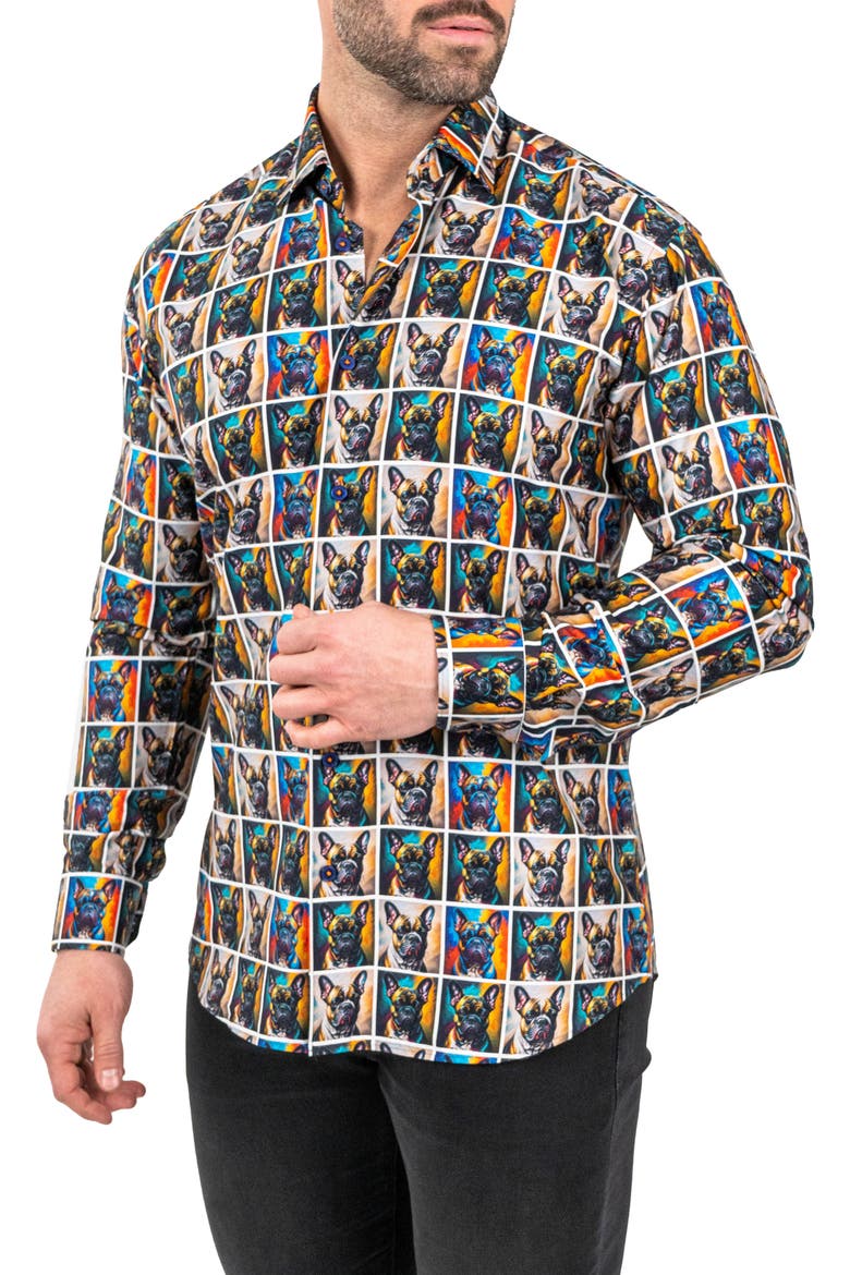 Fibonacci Puppy Portrait Contemporary Fit Button-Up Shirt, Alternate, color, BROWN