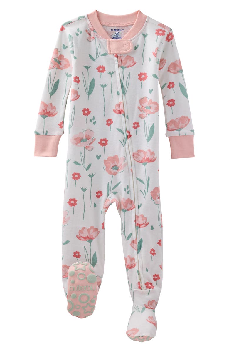 BUTTERBLU Cruz One-Piece Organic Cotton Footie Pajamas, Main, color, Floral Fields