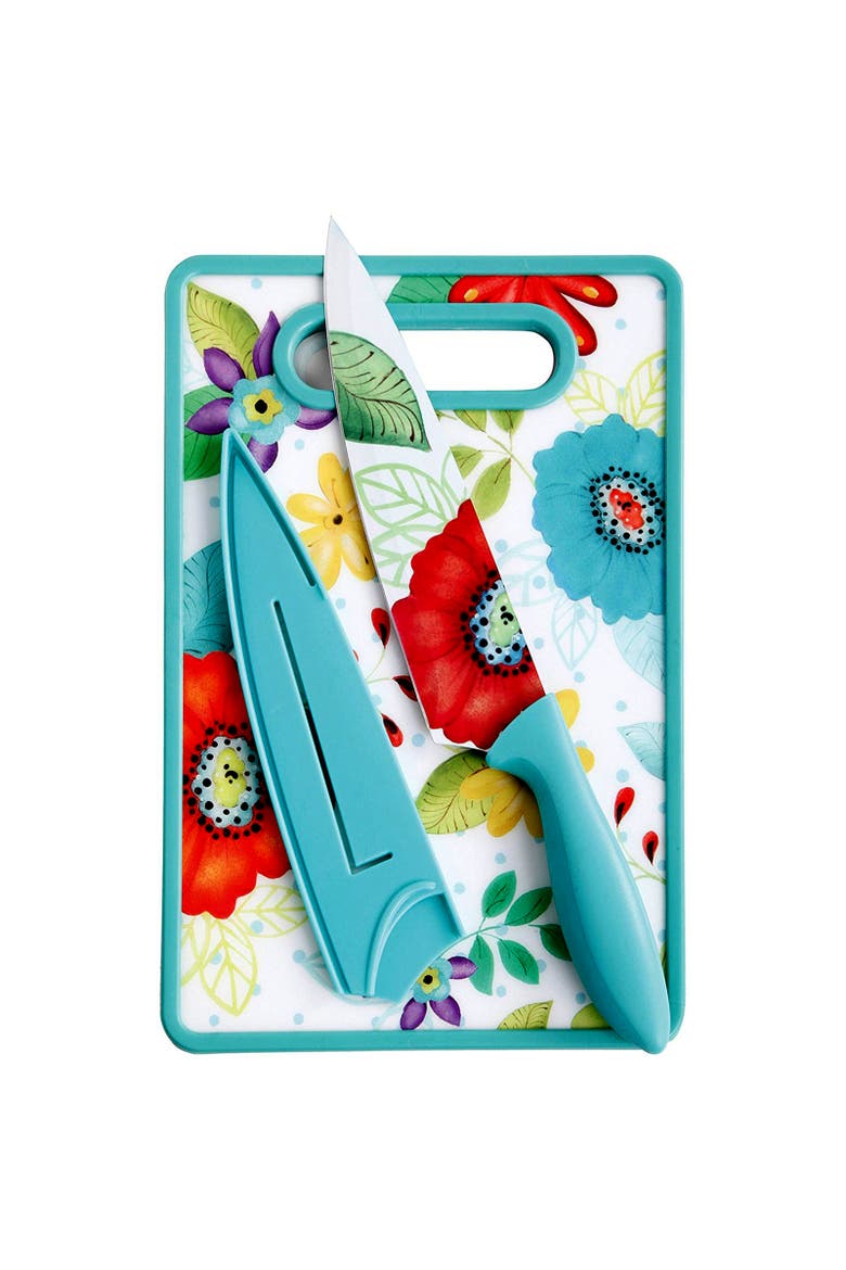 Jordana 3 Piece Cutlery Knife and Cutting Board Set Floral Pattern, Alternate, color, Turquoise