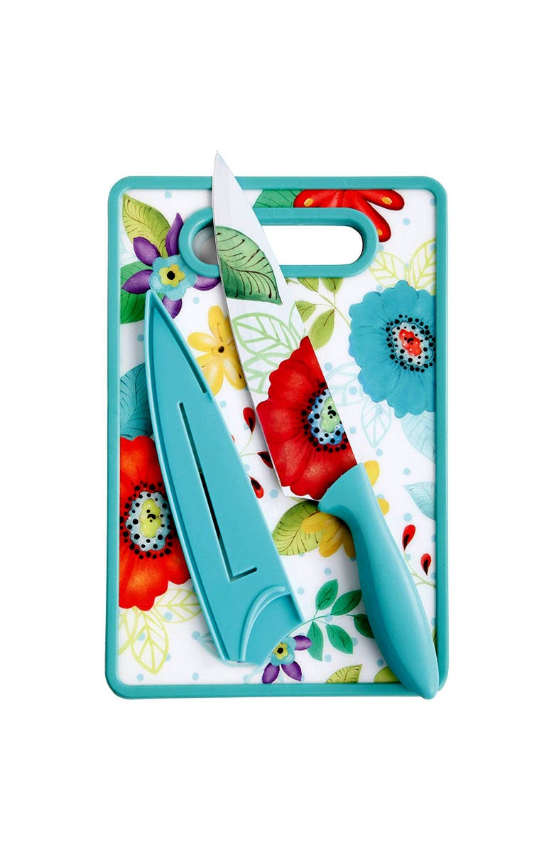 Studio California Jordana 3 Piece Cutlery Knife and Cutting Board Set Floral Pattern, Alternate, color, Turquoise